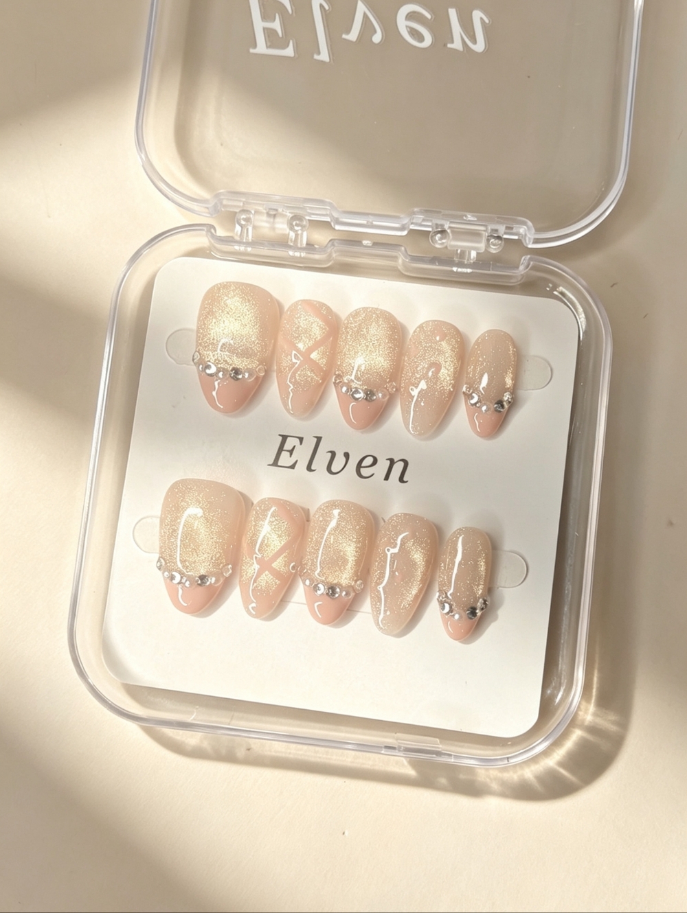 Nude Gold Cat Eye Pink French Tips Handmade  PressOn Nails Short Almond